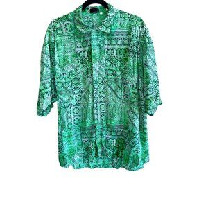 Men's Vintage Italian 100% Silk Green Geometric Print Disco Shirt Size Medium